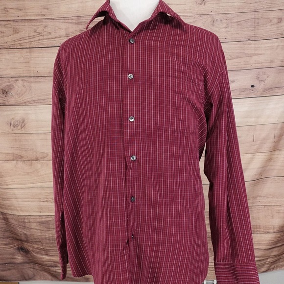 VAN HEUSEN LONG SLEEVE DARK RED CHECK BUTTON DOWN SHIRT MENS L 16-16.5 - Picture 3 of 7